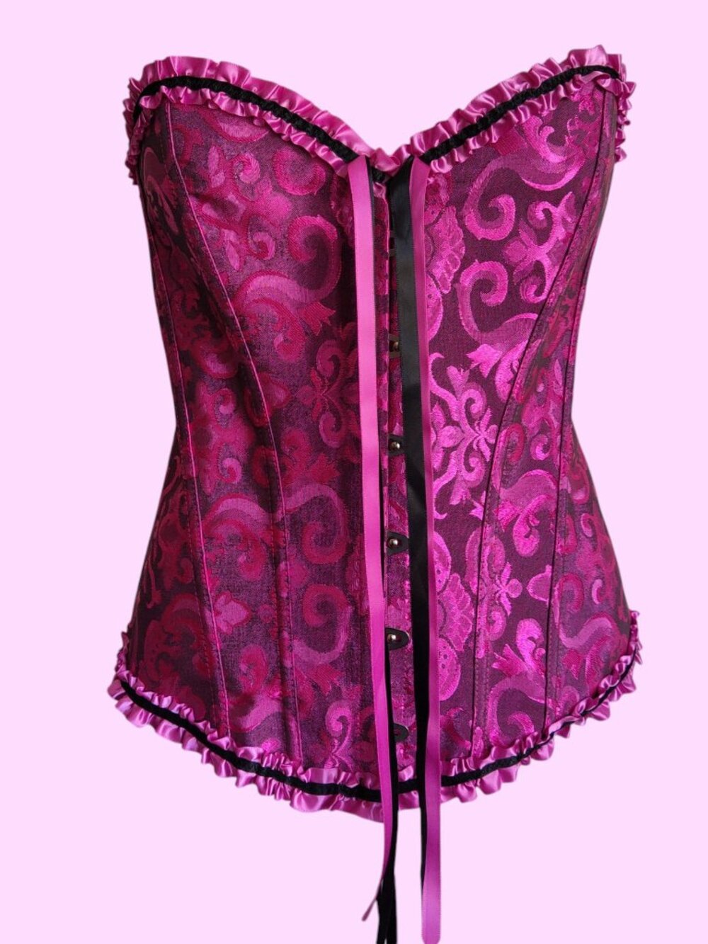 Ribbon Lace Back Over Bust Boned Corset Top Ruffle Regency Goth Damask Sz S